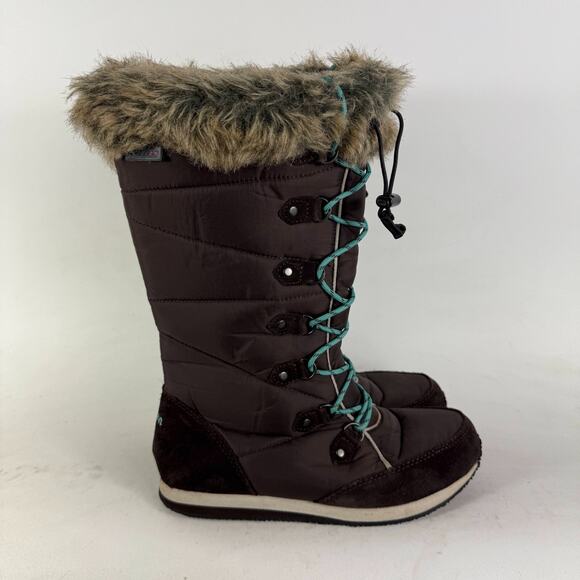 L.L. Bean Winter Snow Boots Women's 7 Brown Nylon Lace Up Fur Trim Mid Calf - Picture 2 of 9